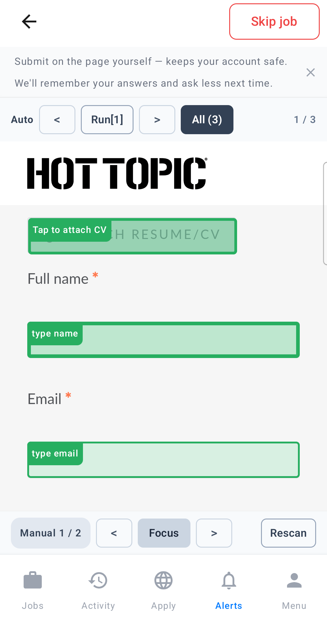 JATES reading a Hot Topic job application — auto-filling the name, email, and resume from your profile, with a banner reminding you to submit yourself